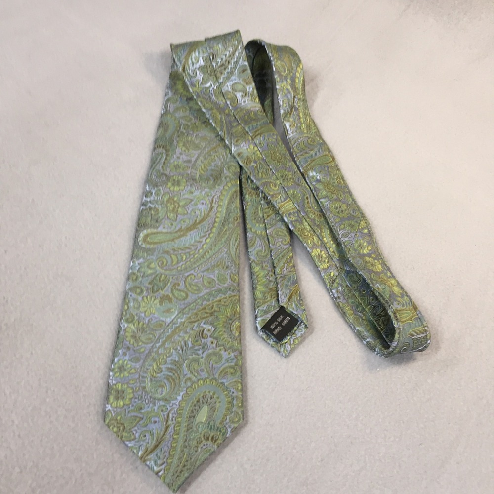 Beau Brummel Soho Mens Silk Tie Green Gold Blue Paisley Floral‎ Handmade Necktie